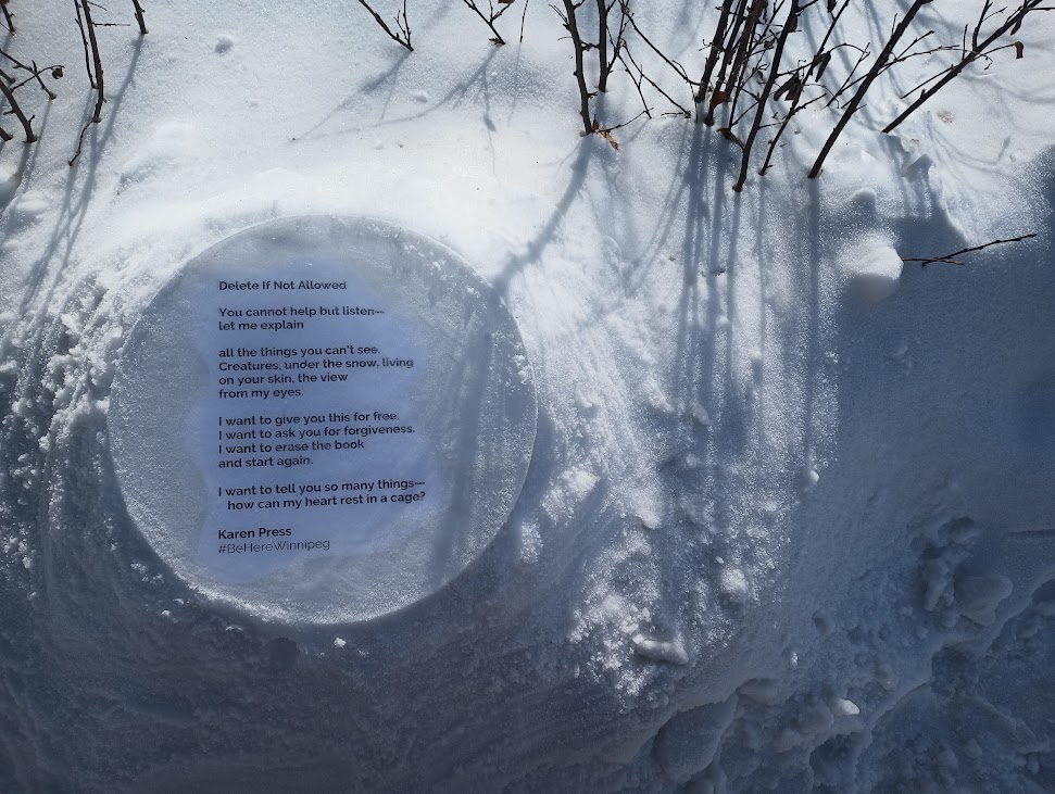 Photograph of a poem printed on a piece of paper, frozen in a circular block of ice sitting in the snow.